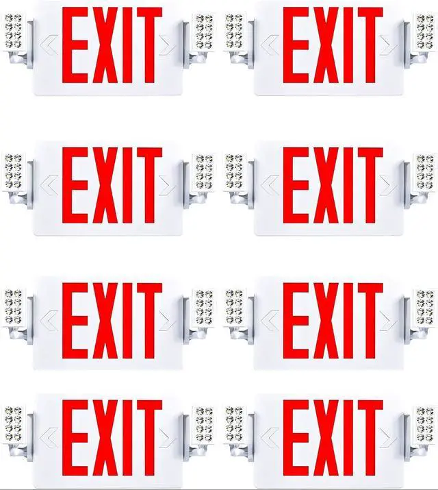 Main image of 8 Pack Double Sided LED Emergency EXIT Sign Combo, Two LED Lights, Backup Battery, US Standard Red Letter Emergency Exit Lighting, Commercial Grade, 120-277V, Fire Resistant (UL 94V-0)