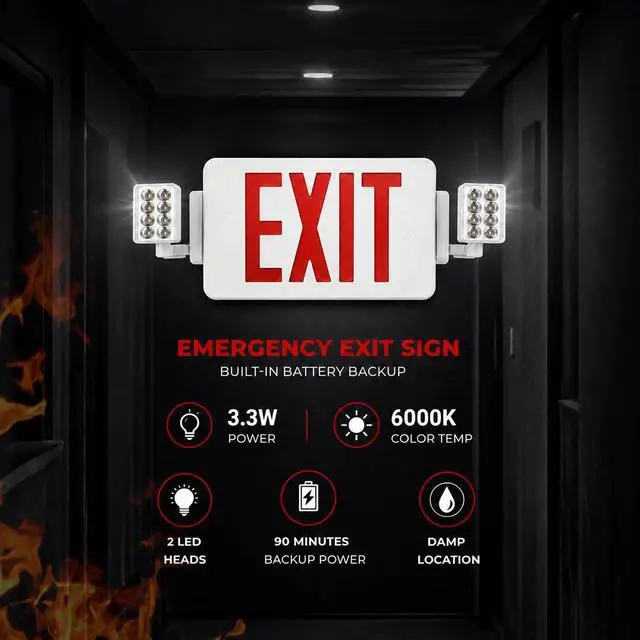 Alt view image 2 of 6 - 8 Pack Double Sided LED Emergency EXIT Sign Combo, Two LED Lights, Backup Battery, US Standard Red Letter Emergency Exit Lighting, Commercial Grade, 120-277V, Fire Resistant (UL 94V-0)