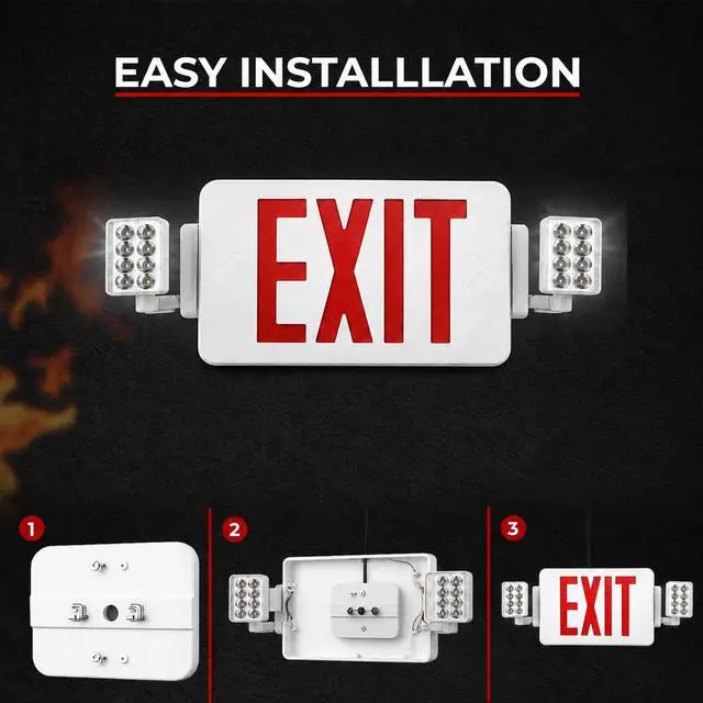 Alt view image 4 of 6 - 8 Pack Double Sided LED Emergency EXIT Sign Combo, Two LED Lights, Backup Battery, US Standard Red Letter Emergency Exit Lighting, Commercial Grade, 120-277V, Fire Resistant (UL 94V-0)