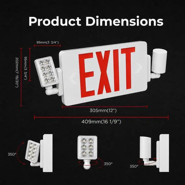 Alt view image 5 of 6 - 8 Pack Double Sided LED Emergency EXIT Sign Combo, Two LED Lights, Backup Battery, US Standard Red Letter Emergency Exit Lighting, Commercial Grade, 120-277V, Fire Resistant (UL 94V-0)