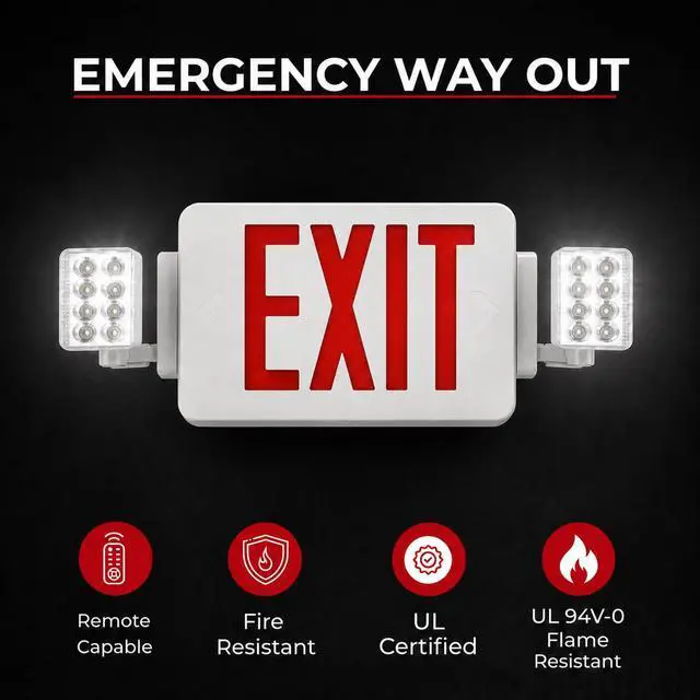 Alt view image 6 of 6 - 8 Pack Double Sided LED Emergency EXIT Sign Combo, Two LED Lights, Backup Battery, US Standard Red Letter Emergency Exit Lighting, Commercial Grade, 120-277V, Fire Resistant (UL 94V-0)
