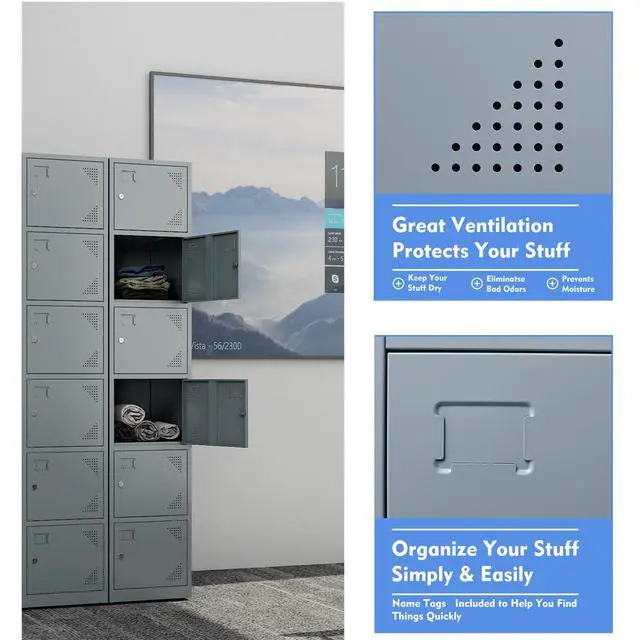Alt view image 6 of 6 - Metal Locker with 6 Doors, Tall Steel Storage Lockers for Employees - 71" Locker Storage Cabinets for School, Gym, Home, Office, Garage (Grey)