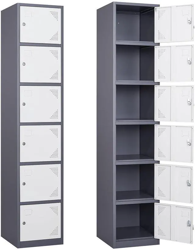 Main image of Metal Locker with 6 Doors, Tall Steel Storage Lockers for Employees - 71" Locker Storage Cabinets for School, Gym, Home, Office, Garage (Grey White)