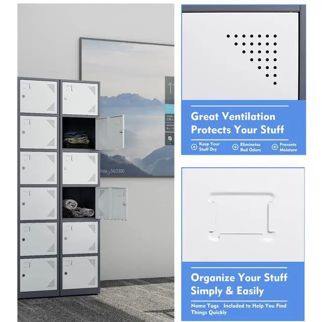Alt view image 6 of 6 - Metal Locker with 6 Doors, Tall Steel Storage Lockers for Employees - 71" Locker Storage Cabinets for School, Gym, Home, Office, Garage (Grey White)