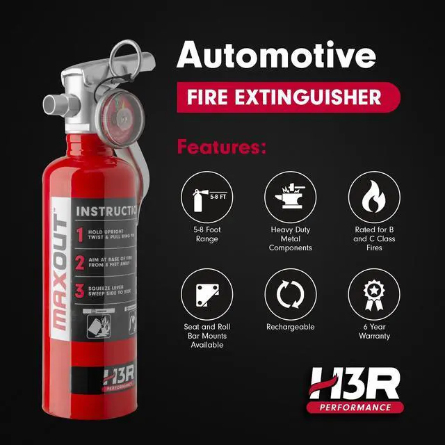 Alt view image 2 of 6 - MaxOut Compact Fire Extinguisher for Vehicles Cars, Trucks, UTVs, RVs & Boats | Off-Road Ready | Refillable Purple K Dry Chemical | Class BC | Mounting Bracket | UL Listed | Red 1.0 lb