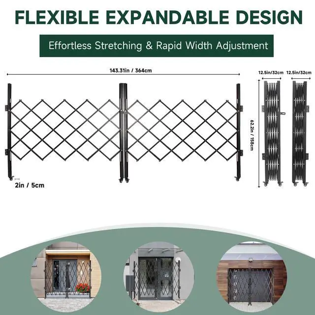 Alt view image 2 of 6 - Single Folding Security Gates Accordion Door, 143" W x 62" H Metal Expandable Fence 360Rolling Expanding Outdoor Security Scissor Gate for Courtyards, Garages, Gardens