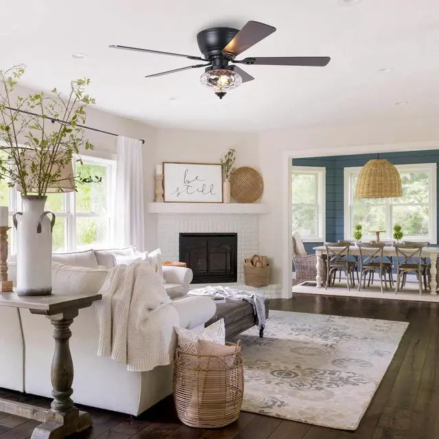Alt view image 2 of 6 - Ceiling Fans with Lights and Remote 52" Low Profile Flush Mount Ceiling Fan with Chandelier Light for Bedroom, Farmhouse Outdoor Ceiling Fans for Patios, Reversible Blades, 3 Speeds, FCC