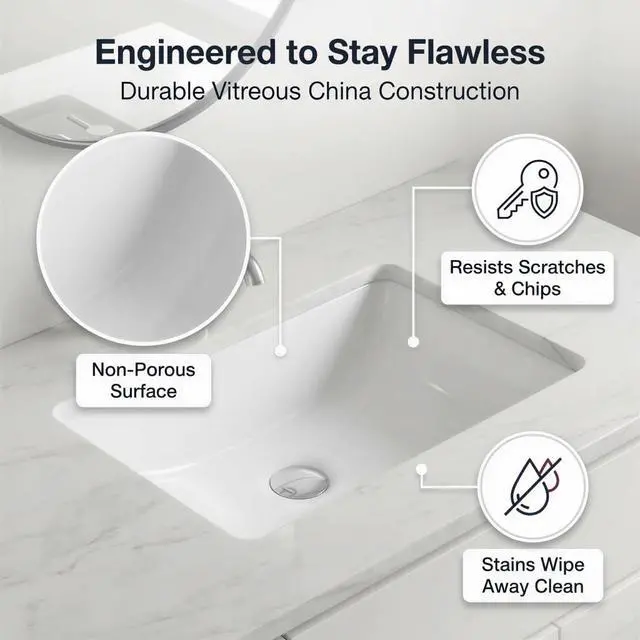 Alt view image 4 of 6 - UM-16x11-W Rectangular Undermount Bathroom Sink 16" x 11" Interior Bowl, Small Bath Vanity Sink, w Overflow, High Gloss White Vitreous China, Scratch & Stain Resistant