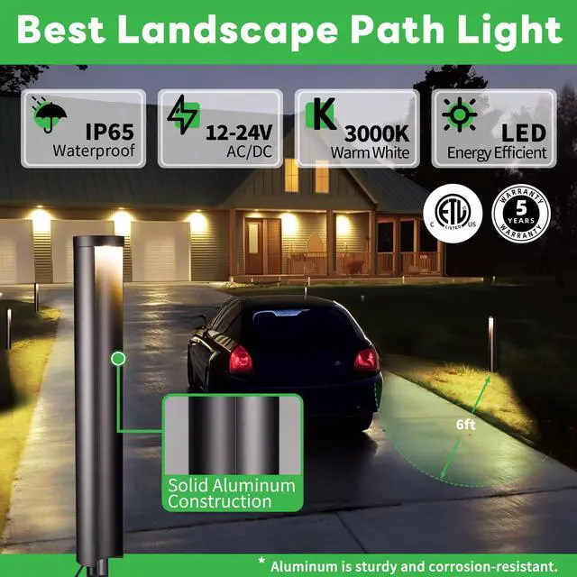 Alt view image 2 of 6 - Outdoor Path Lights, LED Landscape Pathway Lights, 12V Low Voltage Wired, Waterproof 5W 200LM Black Aluminum for Backyard Patio 6 Pack
