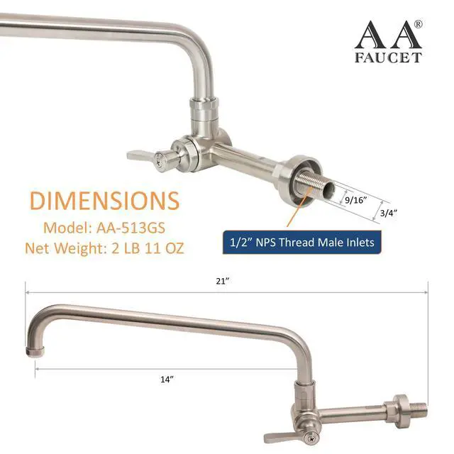 Alt view image 2 of 6 - Single Wall Mount Commercial Manual Wok Range Faucet with 14" Swing Spout, All Stainless Steel Construction for Restaurant Kitchen NSF Approved