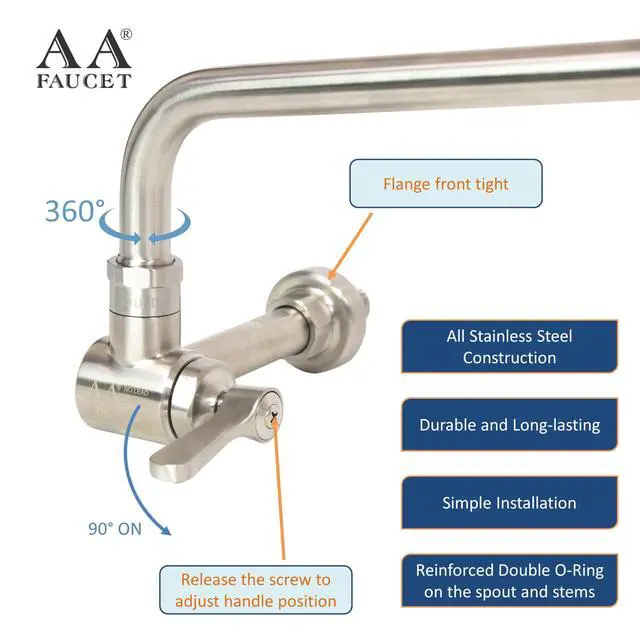 Alt view image 3 of 6 - Single Wall Mount Commercial Manual Wok Range Faucet with 14" Swing Spout, All Stainless Steel Construction for Restaurant Kitchen NSF Approved