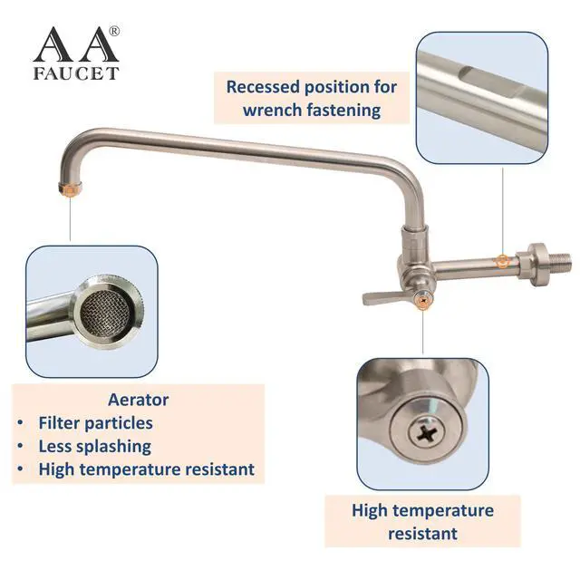 Alt view image 4 of 6 - Single Wall Mount Commercial Manual Wok Range Faucet with 14" Swing Spout, All Stainless Steel Construction for Restaurant Kitchen NSF Approved