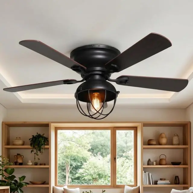 Main image of Flush Mount Ceiling Fans with Lights and Remote, Black Farmhouse Low Profile Ceiling Fan with Light for Bedroom Living Room, Rustic Hugger Ceiling Fans with 3 Speeds, Reversible 5 Blades, 42 Inch