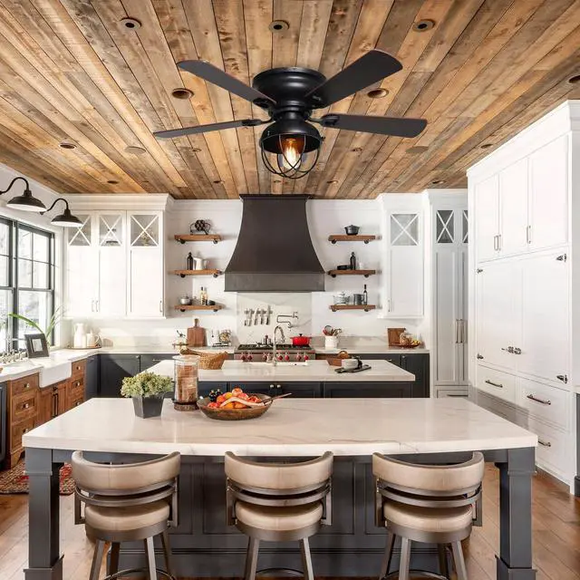 Alt view image 3 of 6 - Flush Mount Ceiling Fans with Lights and Remote, Black Farmhouse Low Profile Ceiling Fan with Light for Bedroom Living Room, Rustic Hugger Ceiling Fans with 3 Speeds, Reversible 5 Blades, 42 Inch