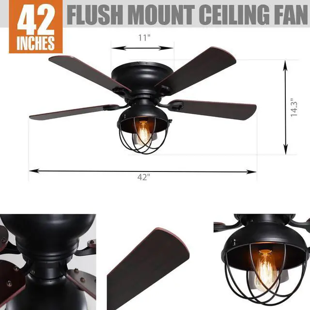Alt view image 4 of 6 - Flush Mount Ceiling Fans with Lights and Remote, Black Farmhouse Low Profile Ceiling Fan with Light for Bedroom Living Room, Rustic Hugger Ceiling Fans with 3 Speeds, Reversible 5 Blades, 42 Inch