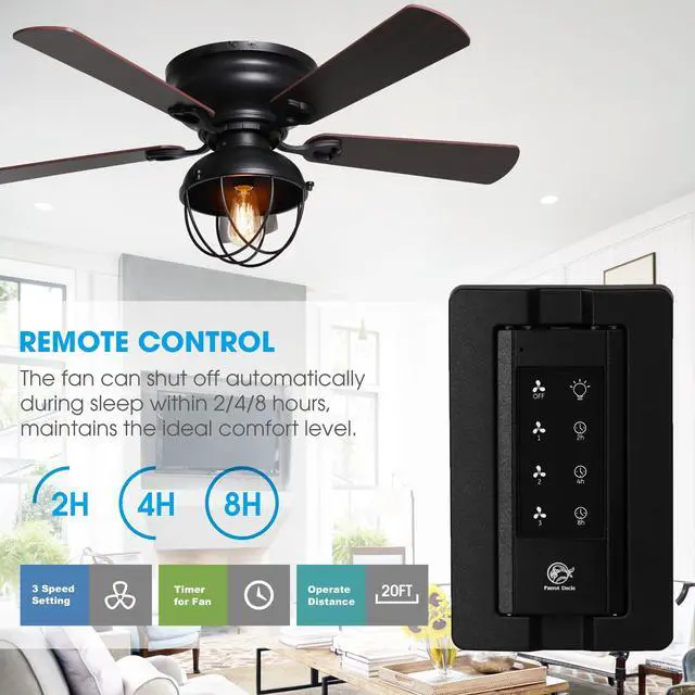 Alt view image 5 of 6 - Flush Mount Ceiling Fans with Lights and Remote, Black Farmhouse Low Profile Ceiling Fan with Light for Bedroom Living Room, Rustic Hugger Ceiling Fans with 3 Speeds, Reversible 5 Blades, 42 Inch