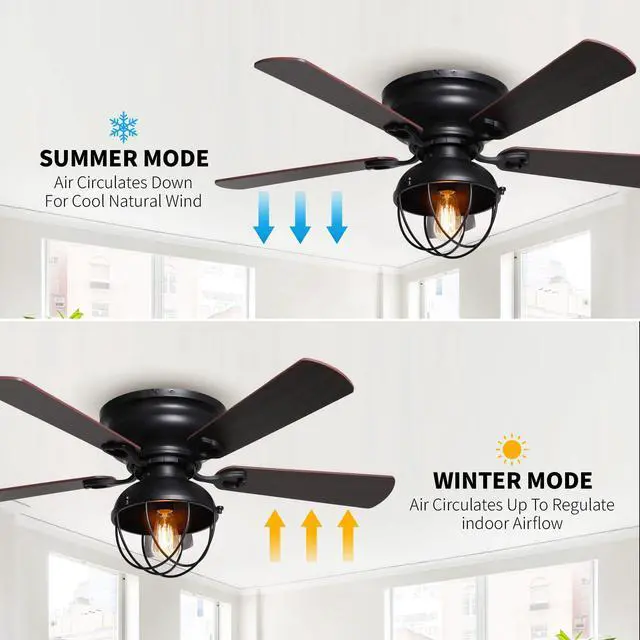 Alt view image 6 of 6 - Flush Mount Ceiling Fans with Lights and Remote, Black Farmhouse Low Profile Ceiling Fan with Light for Bedroom Living Room, Rustic Hugger Ceiling Fans with 3 Speeds, Reversible 5 Blades, 42 Inch
