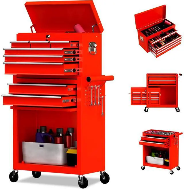 Main image of 8 Drawer Rolling Tool Chest, High Capacity Tool Box with Lockable Wheels and Drawers, 2 in 1 Portable Toolbox Organizer Storage Cabinet For Garage, Warehouse, Repair Shop, Red