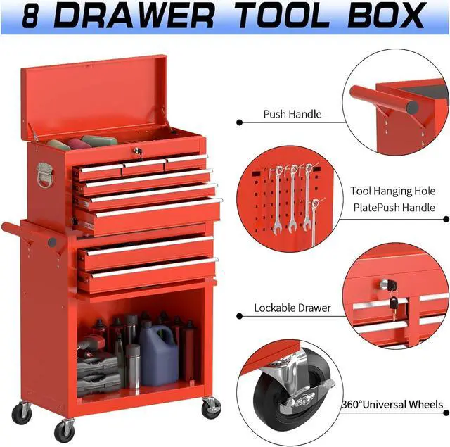 Alt view image 2 of 6 - 8 Drawer Rolling Tool Chest, High Capacity Tool Box with Lockable Wheels and Drawers, 2 in 1 Portable Toolbox Organizer Storage Cabinet For Garage, Warehouse, Repair Shop, Red