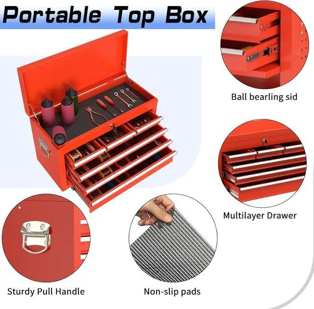 Alt view image 3 of 6 - 8 Drawer Rolling Tool Chest, High Capacity Tool Box with Lockable Wheels and Drawers, 2 in 1 Portable Toolbox Organizer Storage Cabinet For Garage, Warehouse, Repair Shop, Red