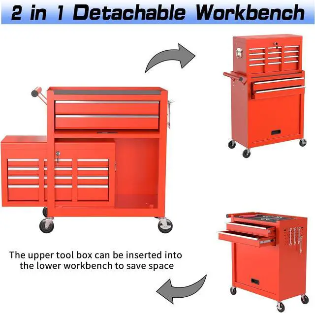 Alt view image 4 of 6 - 8 Drawer Rolling Tool Chest, High Capacity Tool Box with Lockable Wheels and Drawers, 2 in 1 Portable Toolbox Organizer Storage Cabinet For Garage, Warehouse, Repair Shop, Red