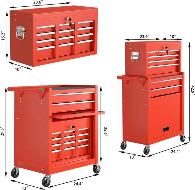 Alt view image 5 of 6 - 8 Drawer Rolling Tool Chest, High Capacity Tool Box with Lockable Wheels and Drawers, 2 in 1 Portable Toolbox Organizer Storage Cabinet For Garage, Warehouse, Repair Shop, Red