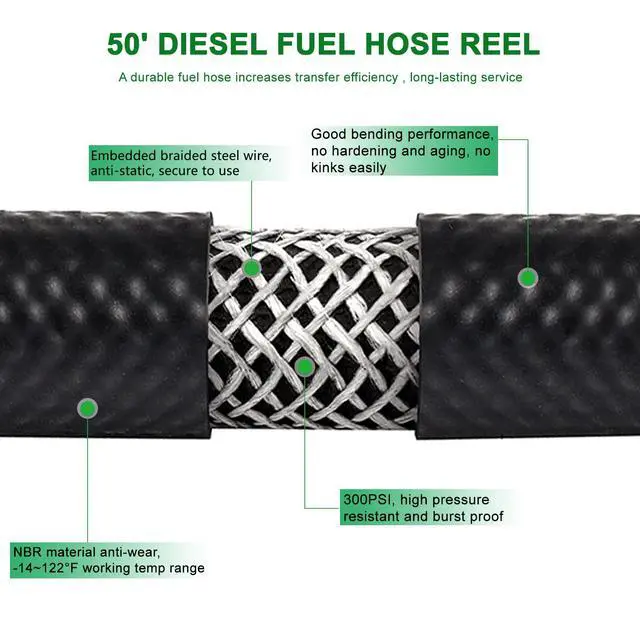 Alt view image 2 of 6 - 1 Inch Fuel Hose Reel With Fueling Nozzle, 50 Foot Heavy Duty Diesel Retractable, 300 PSI Industrial Auto Rewind Mount for Def Fluid Tank Truck Bed Trailer Boat Cart