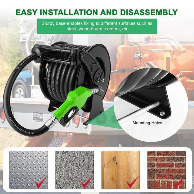 Alt view image 5 of 6 - 1 Inch Fuel Hose Reel With Fueling Nozzle, 50 Foot Heavy Duty Diesel Retractable, 300 PSI Industrial Auto Rewind Mount for Def Fluid Tank Truck Bed Trailer Boat Cart