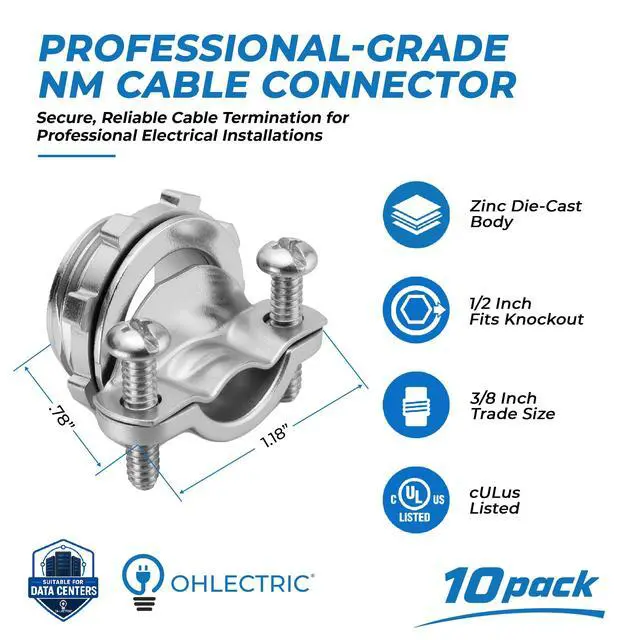 Alt view image 2 of 6 - Cable Connectors (1000 Pack) NM Connectors (Fits ½ Knockouts - Trade Size) Actual Size = Fits ¾ Knockouts Zinc Metal Connector for Conduit, NM Sheath Electrical Outlet Box