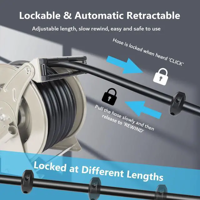 Alt view image 3 of 6 - 1 Inch Fuel Hose Reel 50ft Retractable Heavy Duty Hose Reel for Diesel Fuel Can Spring Driven Autoswing 300 PSI Fast Pump Fuel Line Hose with Nozzle for Tank Truck Boats Air Vehicle