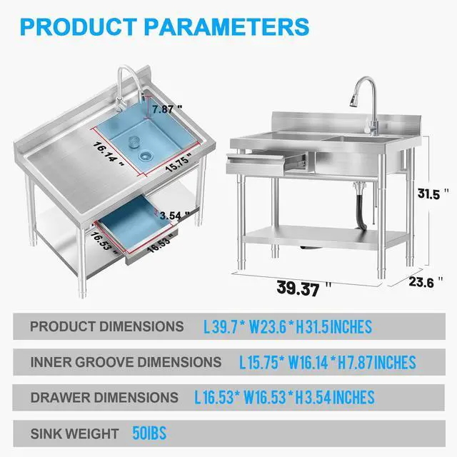 Alt view image 2 of 6 - Stainless Steel Utility Sink Freestanding Single Bowl Laundry Sink with Hot and Cold Water Plumbing Workbench Drawers for Laundry Room Farmhouse Indoor and Outdoor Sink
