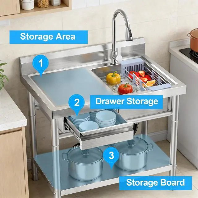 Alt view image 4 of 6 - Stainless Steel Utility Sink Freestanding Single Bowl Laundry Sink with Hot and Cold Water Plumbing Workbench Drawers for Laundry Room Farmhouse Indoor and Outdoor Sink