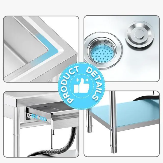 Alt view image 5 of 6 - Stainless Steel Utility Sink Freestanding Single Bowl Laundry Sink with Hot and Cold Water Plumbing Workbench Drawers for Laundry Room Farmhouse Indoor and Outdoor Sink