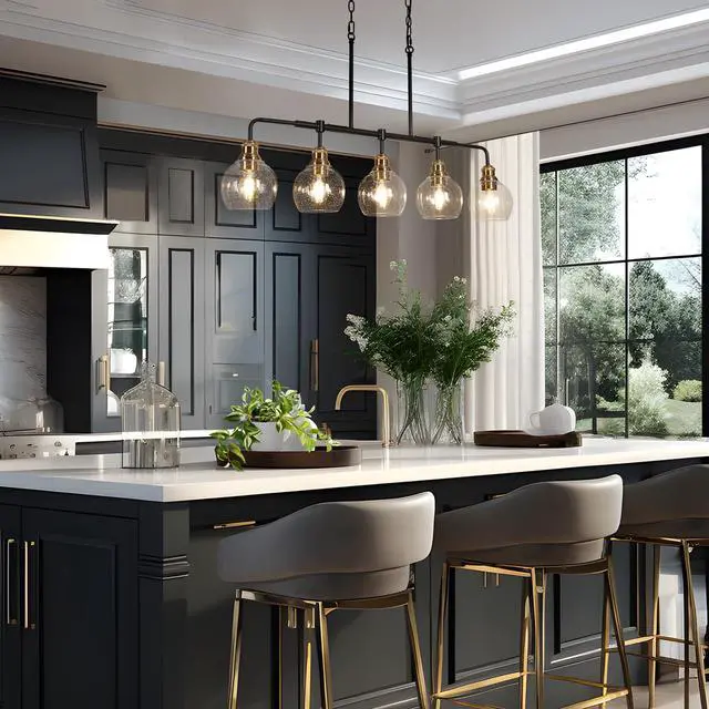 Alt view image 2 of 6 - Chandeliers for Dining Room, 5 Light Linear Chandelier Modern Farmhouse Kitchen Island Light with Seeded Glass Pool Table Light for Kitchen, Dining Room, Living Room