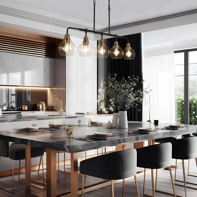 Alt view image 3 of 6 - Chandeliers for Dining Room, 5 Light Linear Chandelier Modern Farmhouse Kitchen Island Light with Seeded Glass Pool Table Light for Kitchen, Dining Room, Living Room