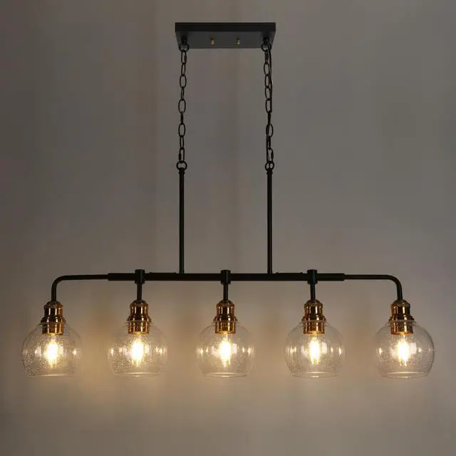 Alt view image 5 of 6 - Chandeliers for Dining Room, 5 Light Linear Chandelier Modern Farmhouse Kitchen Island Light with Seeded Glass Pool Table Light for Kitchen, Dining Room, Living Room
