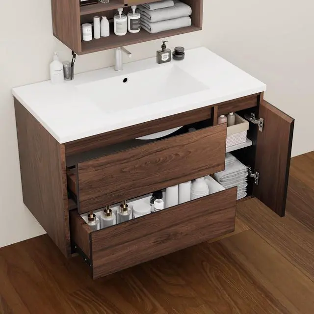 Alt view image 2 of 5 - 36 Inch Floating Bathroom Vanity Cabinet Only, Wall Mounted Bathroom Cabinet, Large Capacity Storage Vanity Walnut Finish, with 2 Drawers & Door Storage Compartment, Easy Assembly