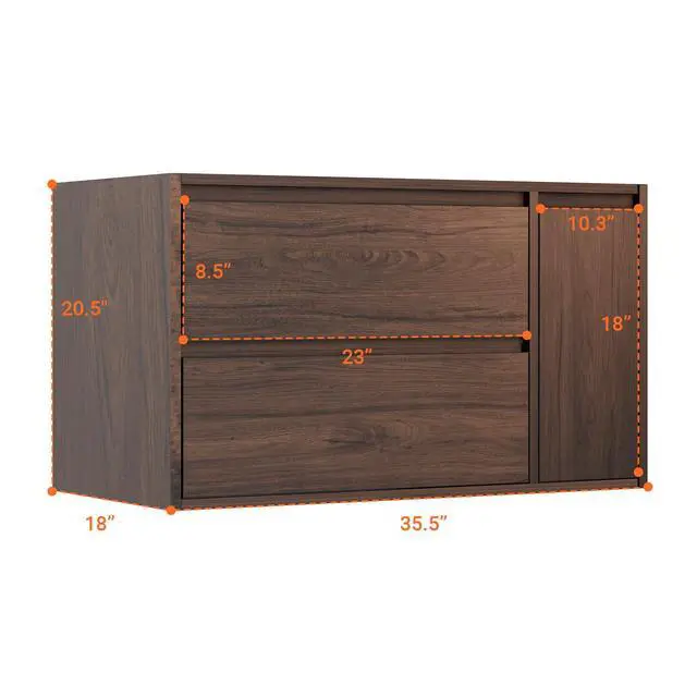 Alt view image 3 of 5 - 36 Inch Floating Bathroom Vanity Cabinet Only, Wall Mounted Bathroom Cabinet, Large Capacity Storage Vanity Walnut Finish, with 2 Drawers & Door Storage Compartment, Easy Assembly