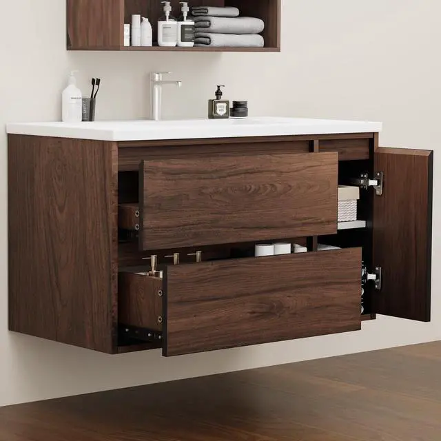 Alt view image 5 of 5 - 36 Inch Floating Bathroom Vanity Cabinet Only, Wall Mounted Bathroom Cabinet, Large Capacity Storage Vanity Walnut Finish, with 2 Drawers & Door Storage Compartment, Easy Assembly