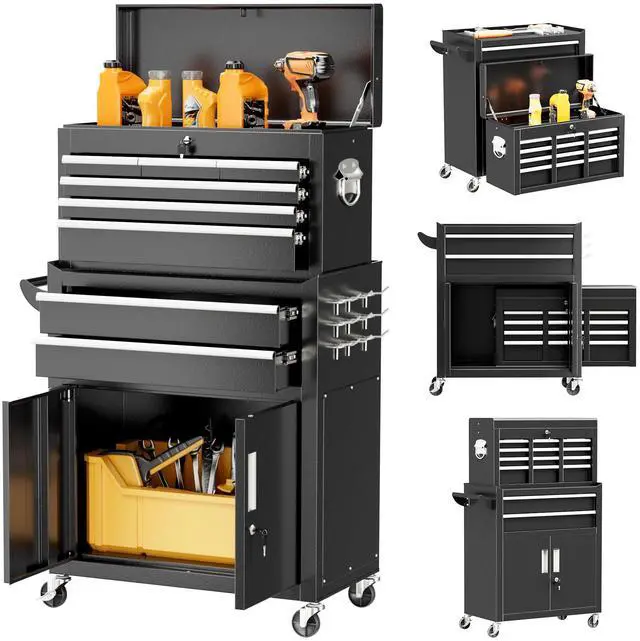 Main image of Rolling Tool Chest with Wheels, 8 Drawer Metal Tool Cart with Portable Tool Chest and Work Bench, Assembled Tool Box with Drawer and Hooks for Garage, Workshop, Warehouse - Black