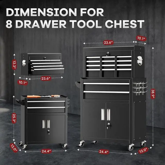 Alt view image 3 of 6 - Rolling Tool Chest with Wheels, 8 Drawer Metal Tool Cart with Portable Tool Chest and Work Bench, Assembled Tool Box with Drawer and Hooks for Garage, Workshop, Warehouse - Black