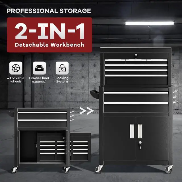 Alt view image 4 of 6 - Rolling Tool Chest with Wheels, 8 Drawer Metal Tool Cart with Portable Tool Chest and Work Bench, Assembled Tool Box with Drawer and Hooks for Garage, Workshop, Warehouse - Black