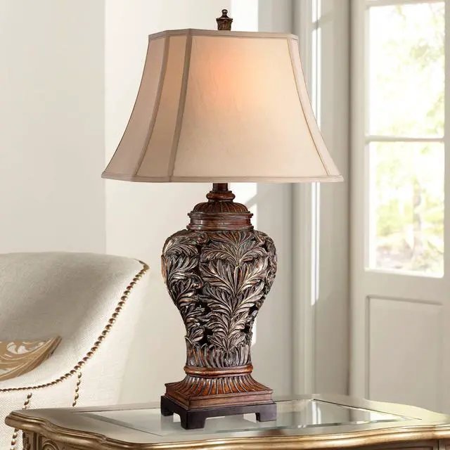 Main image of Leafwork Vase 32 1/2" Tall Large Traditional End Table Lamp Brown Wood Finish Single Tan Rectangular Shade Cottage Core Living Room Bedroom Bedside Nightstand House Office Home