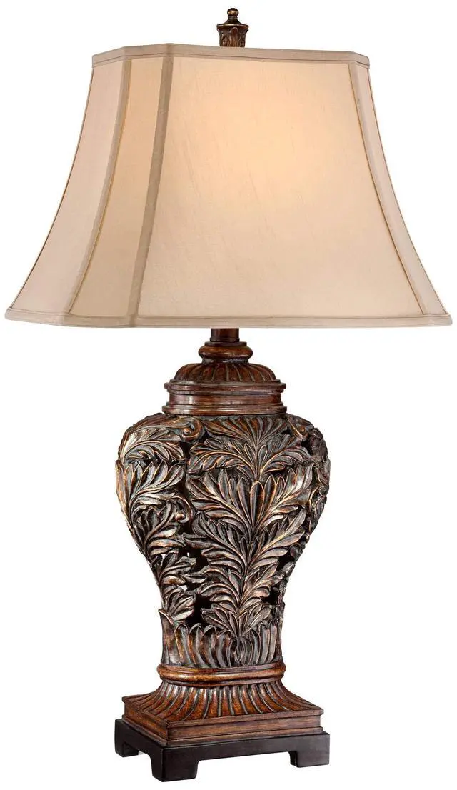Alt view image 2 of 6 - Leafwork Vase 32 1/2" Tall Large Traditional End Table Lamp Brown Wood Finish Single Tan Rectangular Shade Cottage Core Living Room Bedroom Bedside Nightstand House Office Home