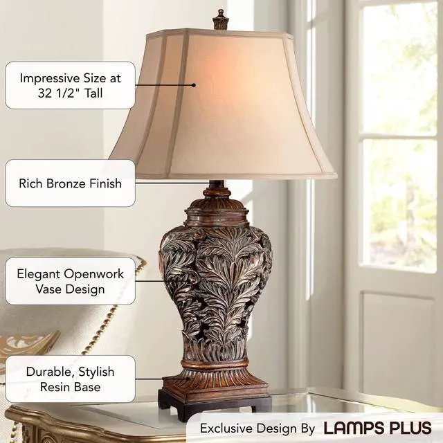 Alt view image 3 of 6 - Leafwork Vase 32 1/2" Tall Large Traditional End Table Lamp Brown Wood Finish Single Tan Rectangular Shade Cottage Core Living Room Bedroom Bedside Nightstand House Office Home