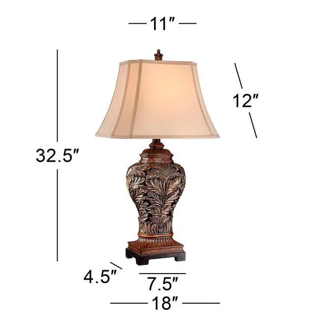 Alt view image 4 of 6 - Leafwork Vase 32 1/2" Tall Large Traditional End Table Lamp Brown Wood Finish Single Tan Rectangular Shade Cottage Core Living Room Bedroom Bedside Nightstand House Office Home