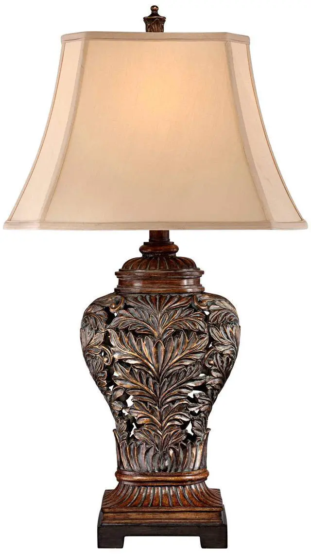 Alt view image 5 of 6 - Leafwork Vase 32 1/2" Tall Large Traditional End Table Lamp Brown Wood Finish Single Tan Rectangular Shade Cottage Core Living Room Bedroom Bedside Nightstand House Office Home