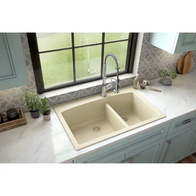 Alt view image 3 of 5 - QT-711 Drop-In Quartz Composite 33 in. 1-Hole 60/40 Double Bowl Kitchen Sink in Concrete