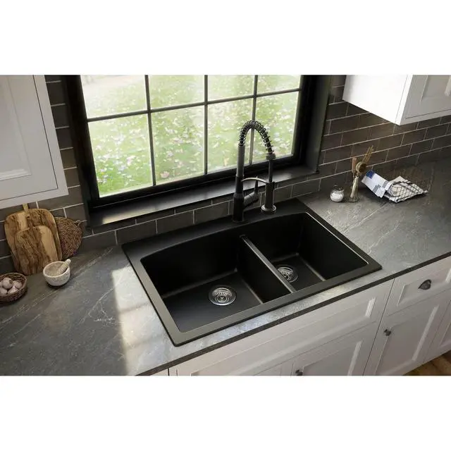 Alt view image 4 of 5 - QT-711 Drop-In Quartz Composite 33 in. 1-Hole 60/40 Double Bowl Kitchen Sink in Concrete