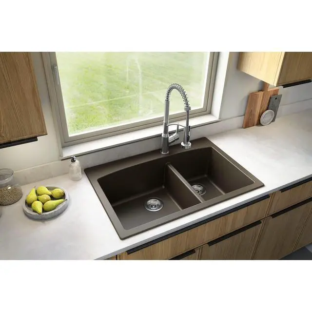 Alt view image 5 of 5 - QT-711 Drop-In Quartz Composite 33 in. 1-Hole 60/40 Double Bowl Kitchen Sink in Concrete